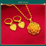 ASIXGOLD Women's Gold 916 Flower Necklace Heart Earrings 2-in-1 Jewelry Set 24K Gold Bangkok Gold Jewelry