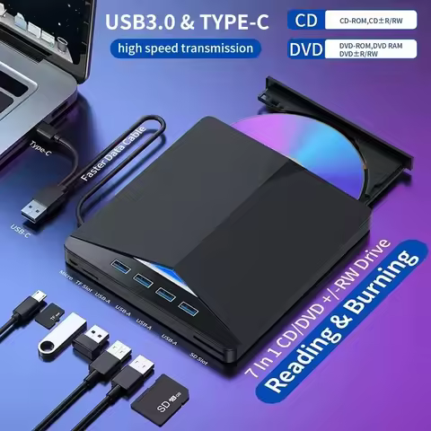 External CD/DVD Drive, 7 In 1 USB 3.0 DVD Player Portable DVD Burner Recorder For Laptop Desktop PC 