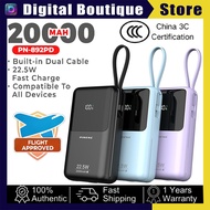 (3C Certified) Pineng PN-892PD 22.5W 20000mAh Slim Portable Powerbank with Fast Charge Built-in Cabl