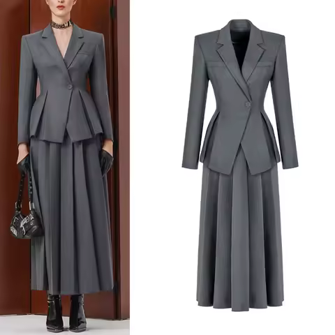 Autumn Winter Office Lady Elegant Two Piece Skirt Set Dress Elegant Workwear Gray Blazer+Pleated Ski