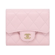 CHANEL 經典雙C LOGO菱格紋小牛皮迷你短夾(粉色) /平行輸入