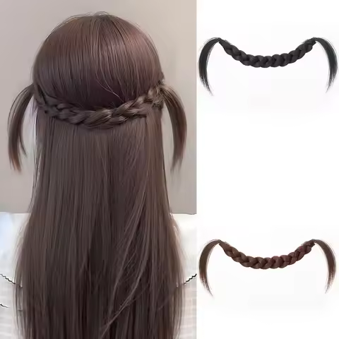 Cute Bunny Ear Braided Ponytail Synthetic Hair BB Clip Bangs Hair Accessories with Ahoge for Women C