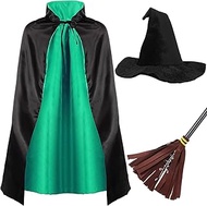 Boyiee 3 Pcs Halloween Witch Costume Reversible Cape Wizard Hat Broom for Kids Witch Cloak Cape Wiza