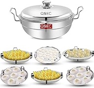 QSEC Triply Bottom Idli Maker Stainless Steel 4-in-1 Induction Base Multi Utility Kadai Idli Cooker All-in-One Big Size dhokla Cooker | 6 Plate 2 Idli | 1 Mini idli 2 Dhokla 1 Patra Momo Steamer