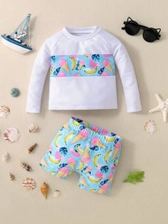 嬰兒男童水果圖案印花長袖t恤和泳裝短褲