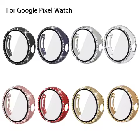 Diamond Case+Glass for Google Pixel Watch Strap PC Bumper Screen Protector Full Bling Cover for Goog
