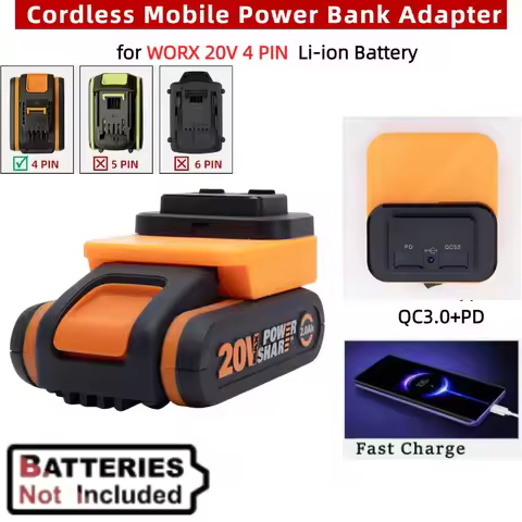 Cordless Mobile Power Bank Adapter for WORX 20V 4 PIN Li-Ion Battery W/USB Type-C PD+QC3.0 Fast Char