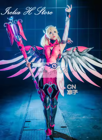 Irelia H Store Angela Ziegler OW Pink Mercy Cosplay Costume for women hallowee party dress wings sho