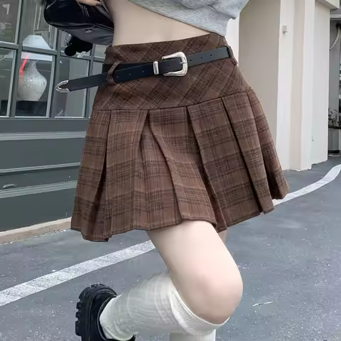 Woolen Plaid Skirt with Belt Boxy Pleated Checkered Mini Skirt with Bulit-in Shorts Women Teenage Gi