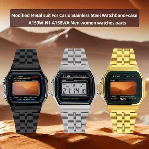 A158WA Modified Metal suit For Casio A159W-N1 A158WA Mod kit Stainless Steel Watchband+case Men wome