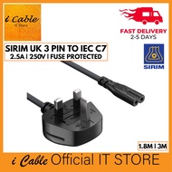 SIRIM UK 3 Pin to IEC C7 Figure 8 Power Cable BS1363 Fused 1.8M 3M for TV Soundbar PS4 PS5 Xbox Mala