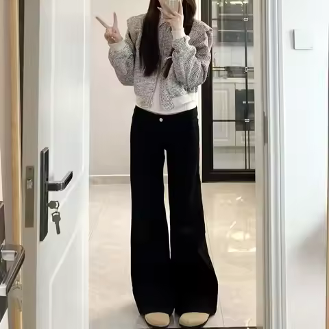 Women's Clothing Jeans Y2K Black Low-Rise Wide-Leg Flare Jeans for Women - Loose Fit Versatile Strai