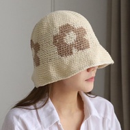韓國配件連線 - 花朵印編織漁夫帽-米杏 (FREE)