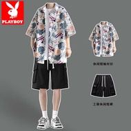Baju bunga Playboy Hawaii lelaki musim panas sutera ais nipis longgar kasual plus baju kemeja lengan