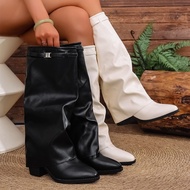 WC3 2025 Autumn Pleated Thick-Heeled Boots - Large Sizes Available