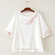 Three-Quarter Sleeve Embroidered T-Shirt Women Summer Cotton Linen Shirt Mid-Length Loose Small Shir