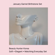 January Garnet Birthstone Jewelry Set | 925 Silver / Rose Gold Plated | Korean Minimal Necklace & Ea