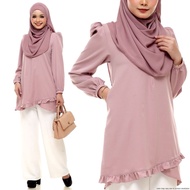 Blouse Tunik Labuh Dusty Pink Pastel Nursing Friendly Muslimah Long Sleeve Blouse Plain Selesa Puff 