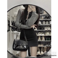 [全新NEW]套裝 灰色 針織 冷外套 v領 短款上衣 長袖 簡約 黑色 連身裙 連衣裙 短裙 銀扣 掛頸  無袖 有領 Grey v-neck top long-sleeves cardigan j