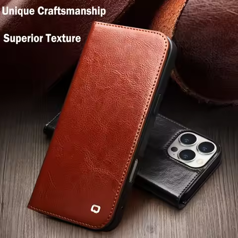 QIALINO Genuine Leather Flip Case for iPhone16 Pro Max Handmade Cover with Card Slots for iPhone 16 