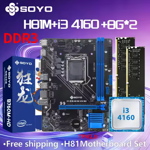 H81M Motherboard SOYO DDR3 i3 4160 CPU LGA1150 RAM 16GB(8G*2)M.2 VGA HDMI RJ45 PC Gaming Mainboard P