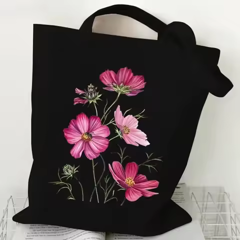 Casual Canvas Tote Bag Oil Painting Wildflowers Print Lady Shoulder Shopping Bag Plant Style Daisy V