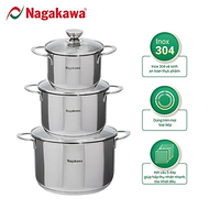 Bộ 3 Nồi Inox 304 Đáy Từ 5 Đáy Nagakawa NAG1351 (16cm, 20cm, 24cm) - Hàng Chính Hãng