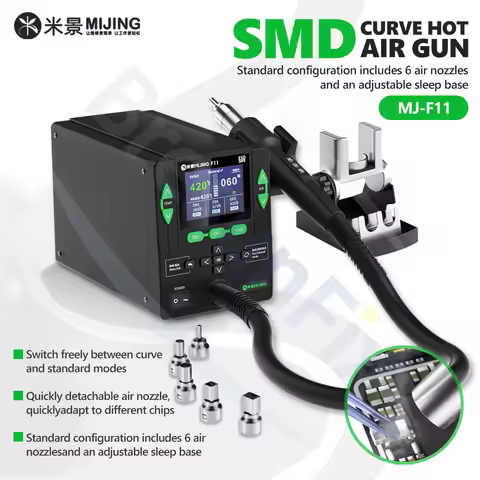 MIJING MJ-F11 1000W SMD Curve Hot Air Gun with 6 Nozzles for Mobile Phone Repair Motherboard PCB IC