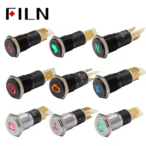 FILN 8/10/12/14/16mm 12V 24V Black Metal Indicator Dash Pilot Light Car Dashboard Ruck Machinery Sym