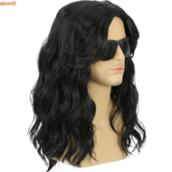 ALVIN Long Black Role-Playing Wig, Cosplay Party Full Head Halloween Costume Wig, Disco Punk Hippie 