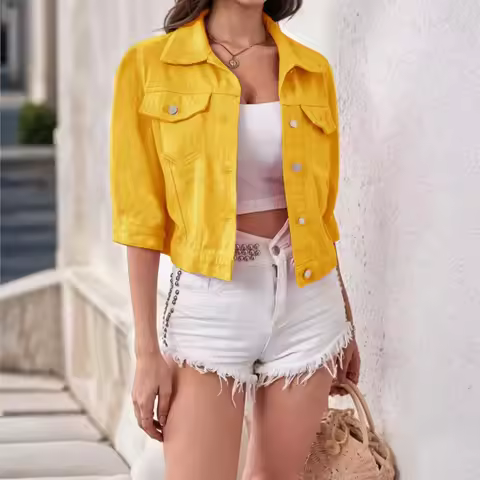 Women Denim Jacket Spring Autumn Short Coat Pink Jean Jackets Casual Tops Purple Yellow Purple Blue 