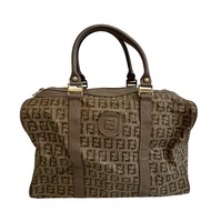 二手FENDI迷你波士頓包，復古 FF 標誌，西葫蘆色皮革，手提包，品牌名稱，米色