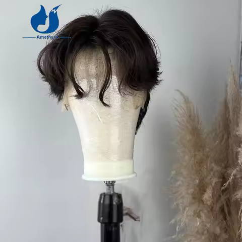 Amethyst Natural Human Hair Full Lace Wig for Men Short Cut with Layered Wolf Cut in Front Brazilian