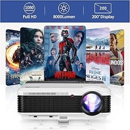 Projector 1080P Full HD Movie Gaming TV Projector 200 Inch Built-in Speakers, 8000Lumen LCD LED Outdoor Projectors HDMI,USB,VGA,AV Compatible with Fire TV Stick/Laptop/DVD Player/PS5