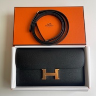 Hermes 愛馬仕 Constance to go Epsom 牛皮H扣長夾/斜背兩用包(黑色/U刻/金釦)