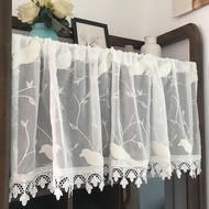 White Short Curtain Embroidery Bird Balcony Kitchen Valance for Small Window Cabinet Door Way Cafe Half Curtain Rod Pocket