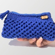 Blue crochet cosmetic bag Boho knitted makeup organizer Travel zipper pouch bag