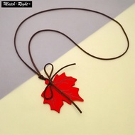 Maple Leaf Ethnic Rope Bowtie Long Necklace Bow Red Leaves Wooden Beaded Simple Necklace