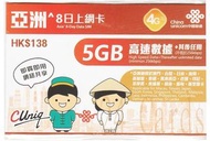 {荃灣24Cards} 聯通4G 亞洲 8日 5GB 無限上網卡 包平郵售68 