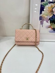👜Chanel 23K Pink Wallet on Chain with handle Micro-chip of year 2023 香奈兒 23k 粉色山茶花手柄woc 23年芯片