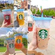 【Ready Stock】Starbucks Color Changing Confetti Reusable Plastic Tumbler with Lid and Straw Cold Cup 24 fl oz, Set of 1 or 5 Plastic mug Christmas Halloween New Year Gift brilliantant