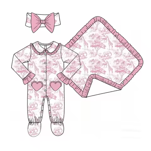 New custom jumpsuit blanket baby clothing lapel long-sleeved jumpsuit blanket set 3 pieces cartoon p