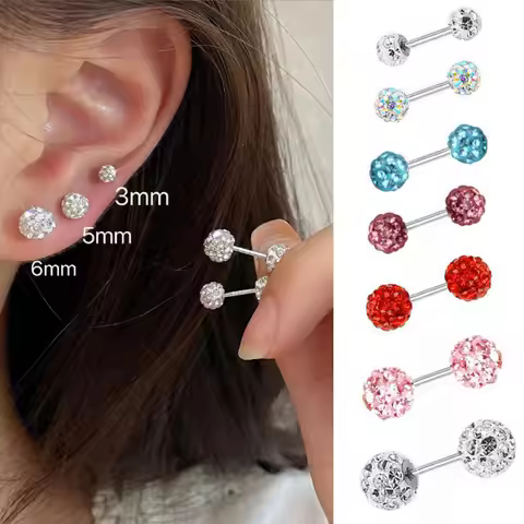1Pair Double-sided Shiny Crystal Ball Earrings Surgical Steel Disco Balls Hypoallergenic Tragus Heli