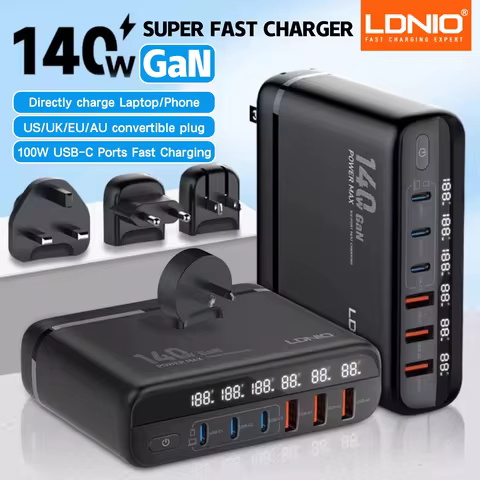 LDNIO 140W GaN international Travel Adapter USB C Charger Block 100W Port LED Display AU US UK EU Ch