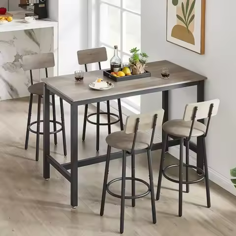 Bar Table and Chair Set for 5 Piec, Counter Height Pub Table and 4 PU Soft Stools with Backrest, Din