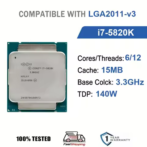 Intel Core i7-5820K 6 Core 12 Thread 3.30GHz 140W 15MB Cache 22nm LGA2011-v3 SR200 DDR4-2133 MHz Has