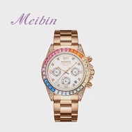 MEIBIN 美賓 M1481M 時尚玫瑰金鑲鑽彩虹外圈三眼計時手錶- 白面