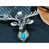 Biker/Rocker High Polished Stainless Steel Dear Head Antler Inlay Turquoise Stone Pendant.