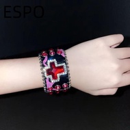 ESPO Gothic Jewelry, Grunge Skull Korean Punk Leather Bracelet,  Charms Red Crystal Cross Retro Brac
