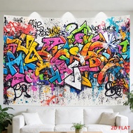 2D Flat-2D-A Large Tapestry Featuring 2D Printing with Graffiti Bright Colors Urban Art Abstract Des